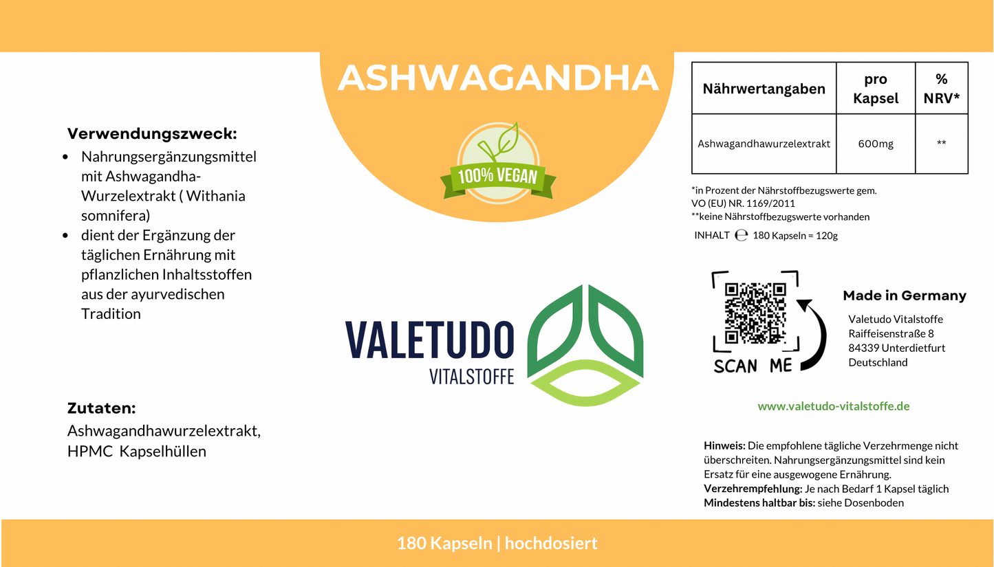 Ashwagandha Kapseln mit hochkonzentriertem Wurzelextrakt | 6-Monats-Packung