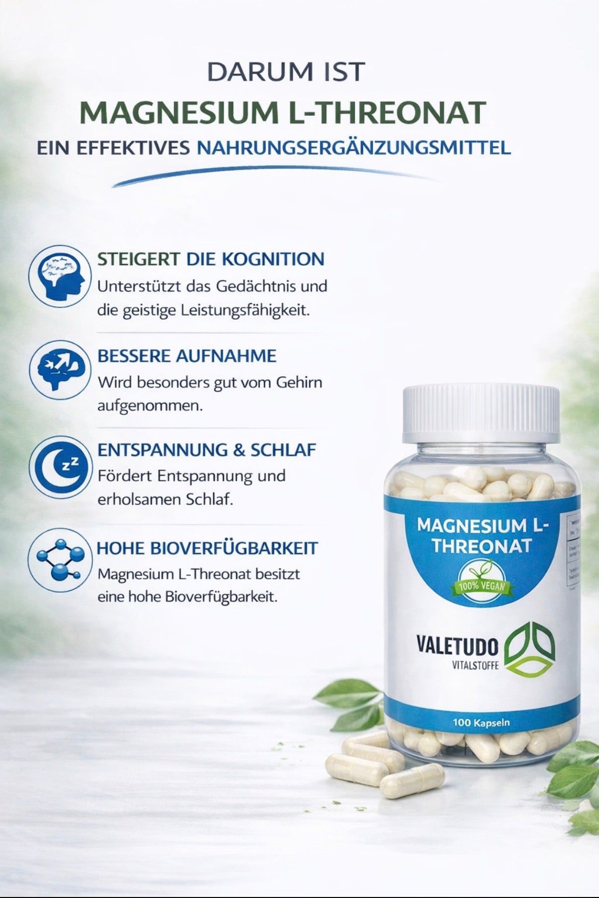 Magnesium L-Threonat- für Konzentration & Nervenfunktion | 1-Monats-Packung