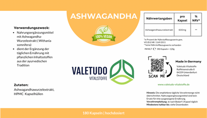 Ashwagandha Kapseln mit hochkonzentriertem Wurzelextrakt | 6-Monats-Packung