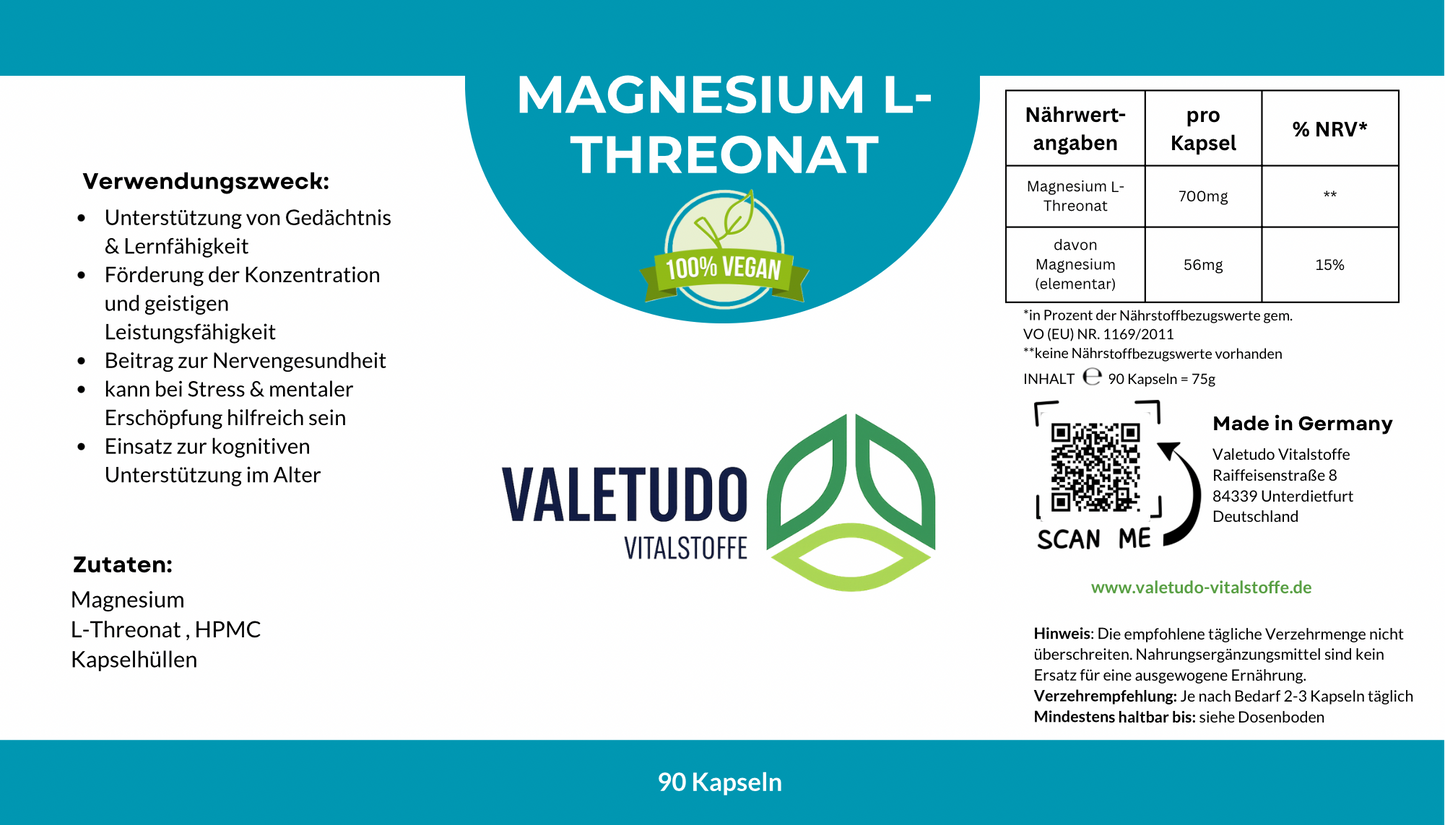 Magnesium L-Threonat- für Konzentration & Nervenfunktion | 1-Monats-Packung