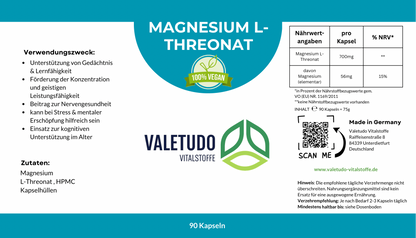 Magnesium L-Threonat- für Konzentration & Nervenfunktion | 1-Monats-Packung