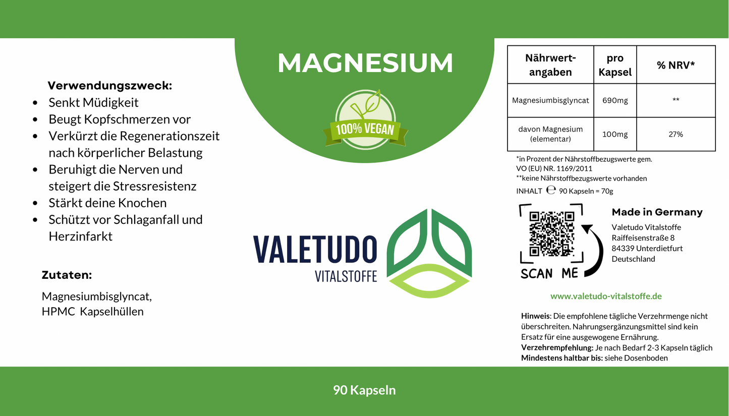 Magnesium – hochwertiges Magnesiumbisglycinat | 1-Monats-Packung